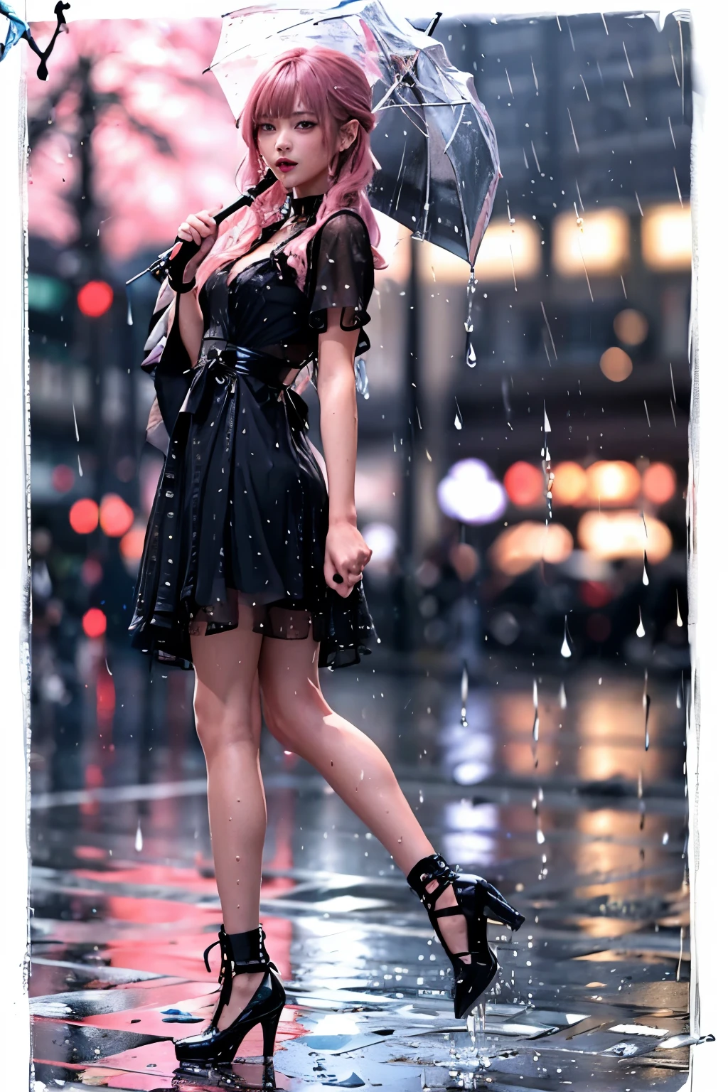 wdrop,water drop,wet,rain,ichiban iiewo tanomu,(highly detailed image of black dress), trouble,pink long hair,standing,vibrant, city,shoes