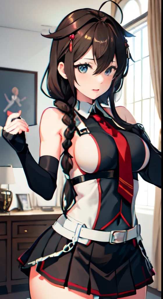 Shigure Kai 3 KanColle Sleeveless Black Thimble Gloves Black Skirt Braid 8K High Resolution Very Fine Eyes Very Fine Face、Insanely detailed body、Extremely fine skin, very elaborate hair ornament, Precisely shaped body and hands 1 person Living room in a private house 妖艶な表情 白のベルト