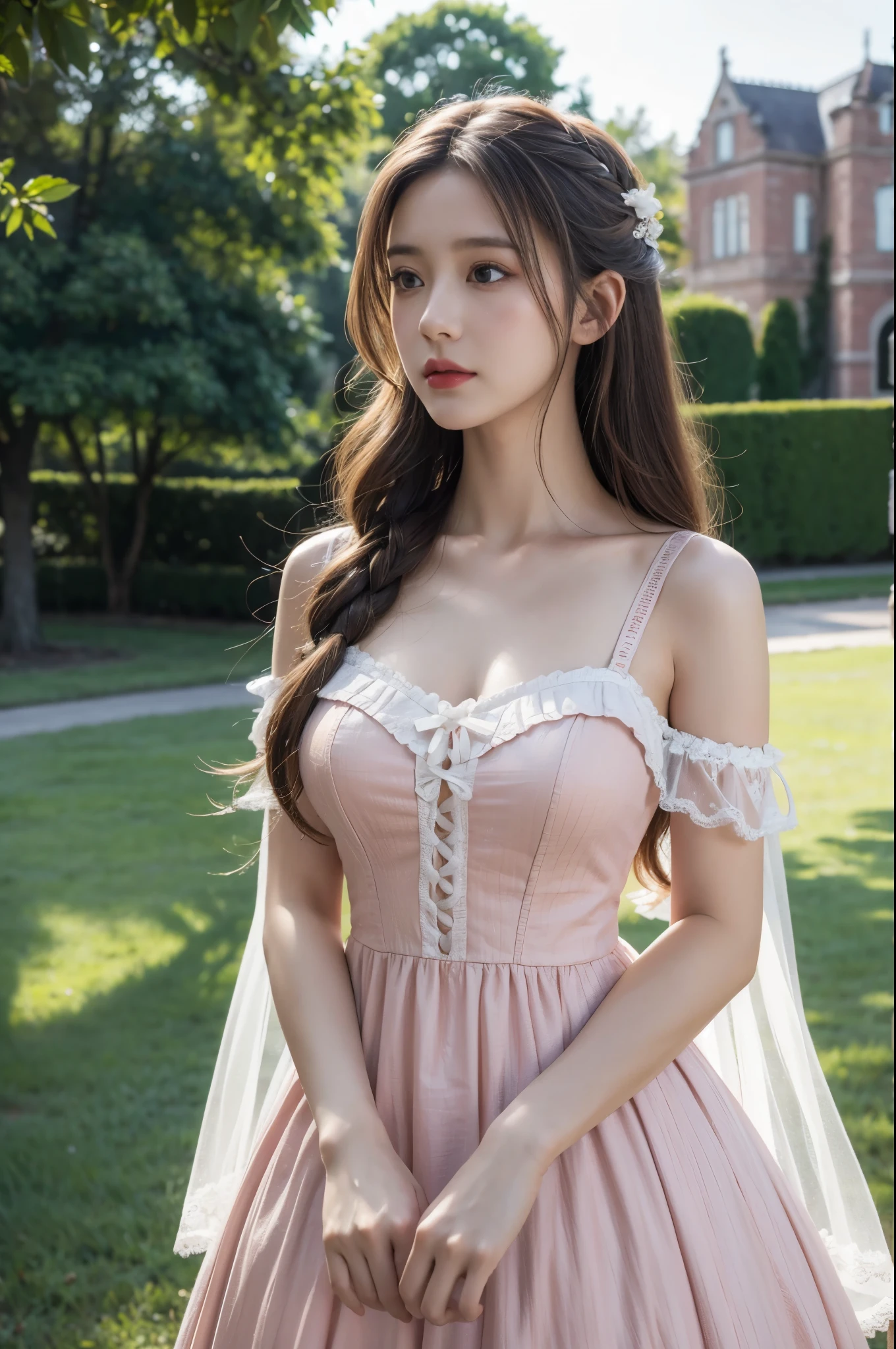 (8K, RAW photoest qualtiy, tmasterpiece:1.2),(realisticlying, photograph realistic:1.4)
ta costume,Lace, Aerith Gainsborough, The upper part of the body, undergarmentposed bare shoulders, do lado de fora, Old castle, high high quality, Adobe Lightroom, highdetailskin, looking at viewert,