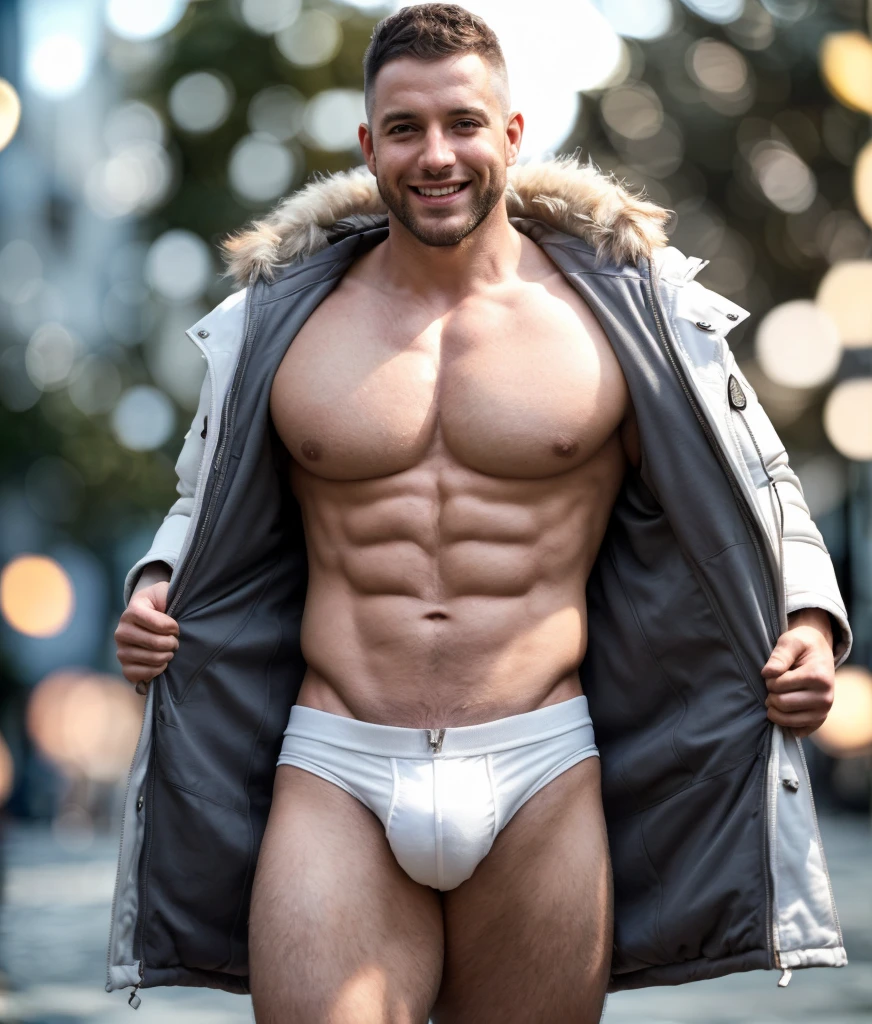 foto de barba musculosa (Man) em um desgastado ((suite estilo Parka outfit branco, revealing white Erotic, enormes peitorais peludos, big arms, large bulge, ((bokeh luz)), metal intricaeel [rusegante, Erotic, escorrendo energia sexual, homoErotic, foco nítido, Foto tirada por Greg Rutkowski, soft lighting, cores vibrantes, (master part), ((Ruas)), (Rosto detalhado), Olhando para o Viewer, sorriso leve