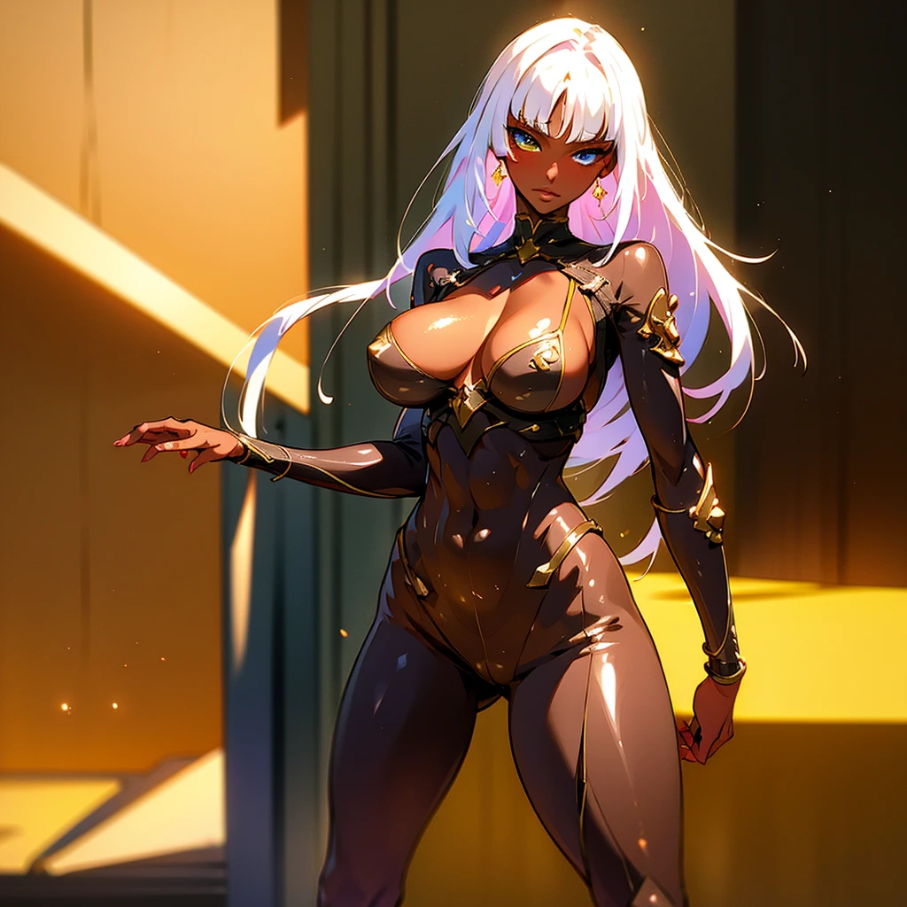 Warrior witch, (((masterpiece))), (((best quality))), ((8k)), ((ultra-detailed)), (1 dark-skinned human woman: 1.2), (white hair 1,3), (((Heterochromia, in the eyes, red and yellow: 1,2))), (standing), full body, sexy body, (tight black bodysuit: 1.2, gold lines), (leather belt and high boots: 1.2), (bracelet, earring, gold accessories), wallpaper, pinterest, (((Official art, masterpiece, ultra-detailed))), (((best quality: 1.2, intricate details, ultra-high resolution: 1.2))), model photo, (subtle cleavage), Fantasy Art, (Fantasyart), sexy body, big breasts, witch iteis, front photo, cinematic photo, natural light, wallpaper, pinterest, badass image, perfect photo, volumetric lighting