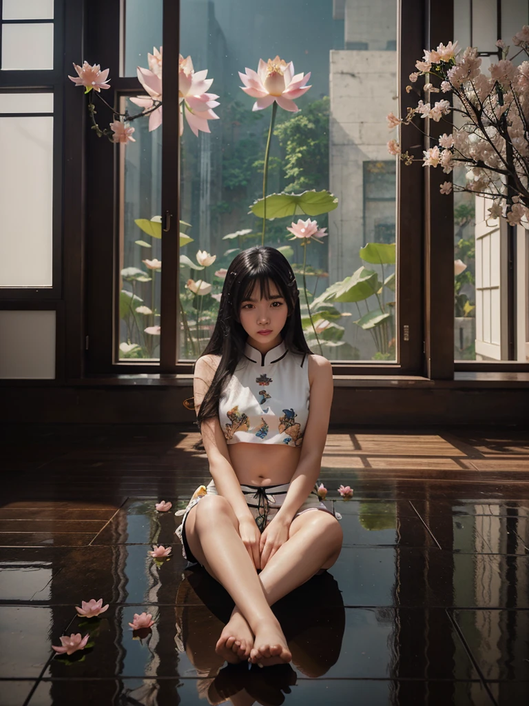 anime girl sitting on a floor with lotus flowers in front of her, artwork in the style of guweiz, 4k detailed digital art, inspired by Ju Lian, reflection, 4k highly detailed digital art, 8k high quality detailed art, dark but detailed digital art, stylized  fantasy artwork, inspired by Lü Ji, by Yang J