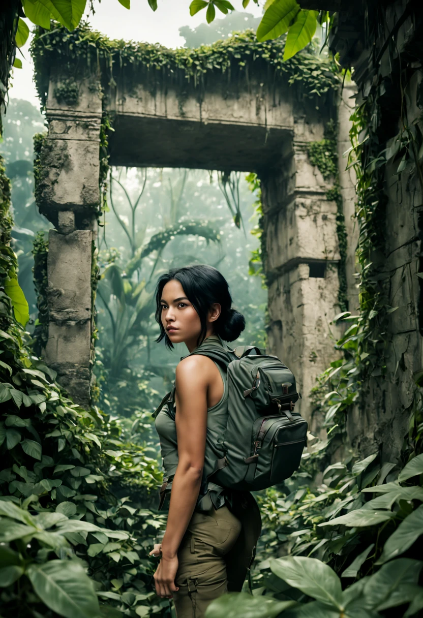 (Jungle Adventurer), in the style of digital art, pastel colors, comic stripe, collage, experimental, full body, award-winning, cinematic still, emotional, vignette, dynamic, vivid, (masterpiece, best quality, Professional, perfect composition, very aesthetic, absurdres, ultra-detailed, intricate details:1.3)