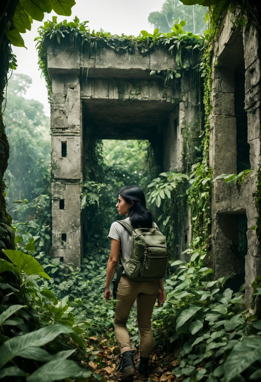 a 26yo female adventurer, black hair, backpack, BREAK, deep in the dense jungle, surrounded by leaves and branches, (Through the gaps of leaves:1.2), show the small outline of a super large Maya building (in the distance:1.2), side view, cinematic