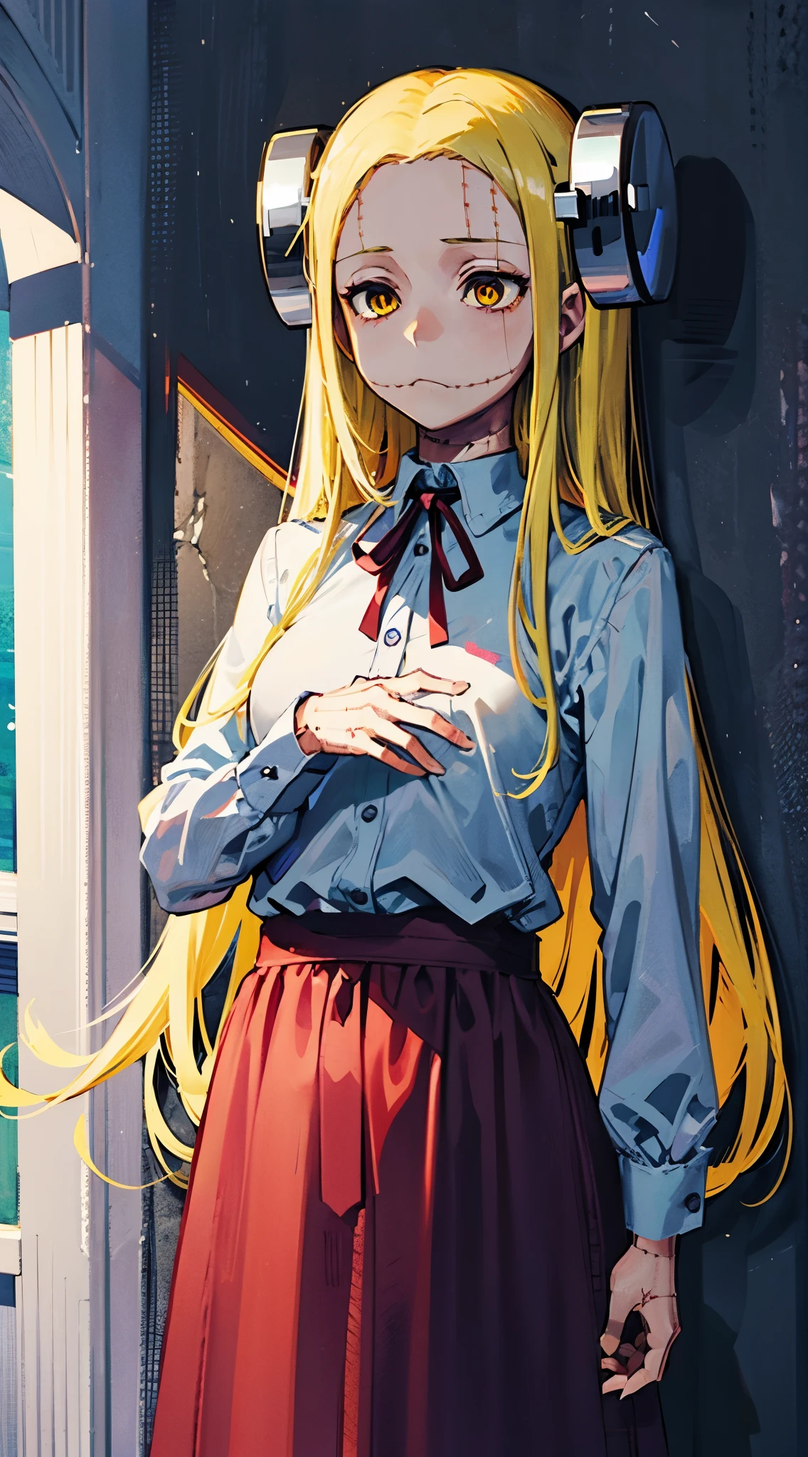 Madaraki_Fran,A girl ,stands,concerned,the madhatter ,surgeon ,Holds out his hands,worries about the patient, hairlong , yellow hair,seams , Scars on the body , A creepy look , scary eyes , An intimidating look , creepy smile , bags under eyes, ((((Tired))))