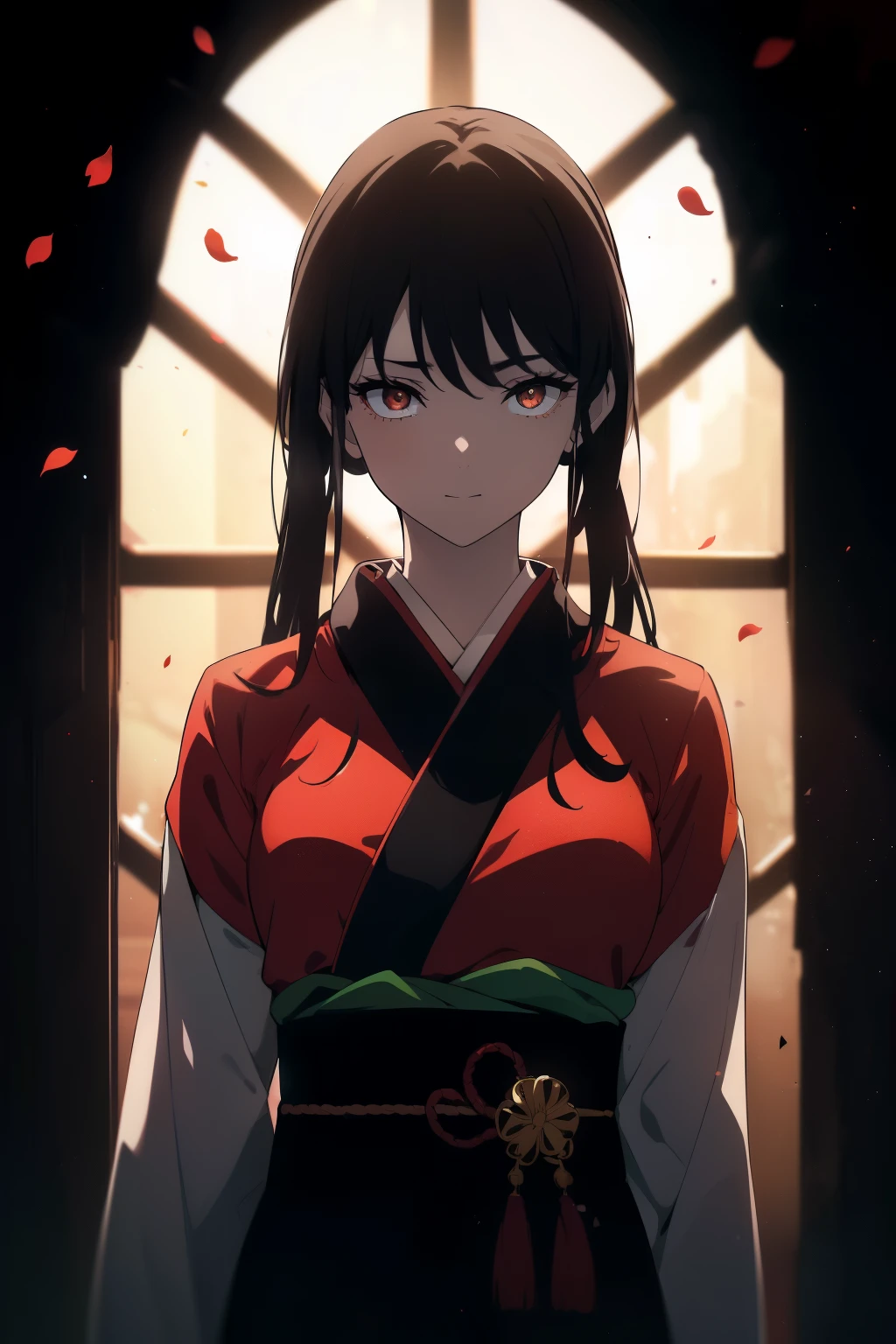 ((((Obra maestra, La mejor calidad, ultrahigh resolution)))), 1girl, standing, ((wearing a red_kimono)), (long black hair in view, in frame), pale skin, ((brown eyes)), (glowing_eyes, luminescent eyes), (ultra detailed eyes:0.7, beautiful and detailed face, detailed eyes:0.9), ((centered)), smile, ((wide shot)), facing viewer, (((vibrant background of outside, flowers, bright lighting, summer, sunlight))), flat chested, looking at viewer, ((perfect hands)), ((head:1, hips, elbows, arms, in view)), ((hands behind back)), beautiful lighting, defined subject, (18 years old), ((cool looking)), ((sun glare))