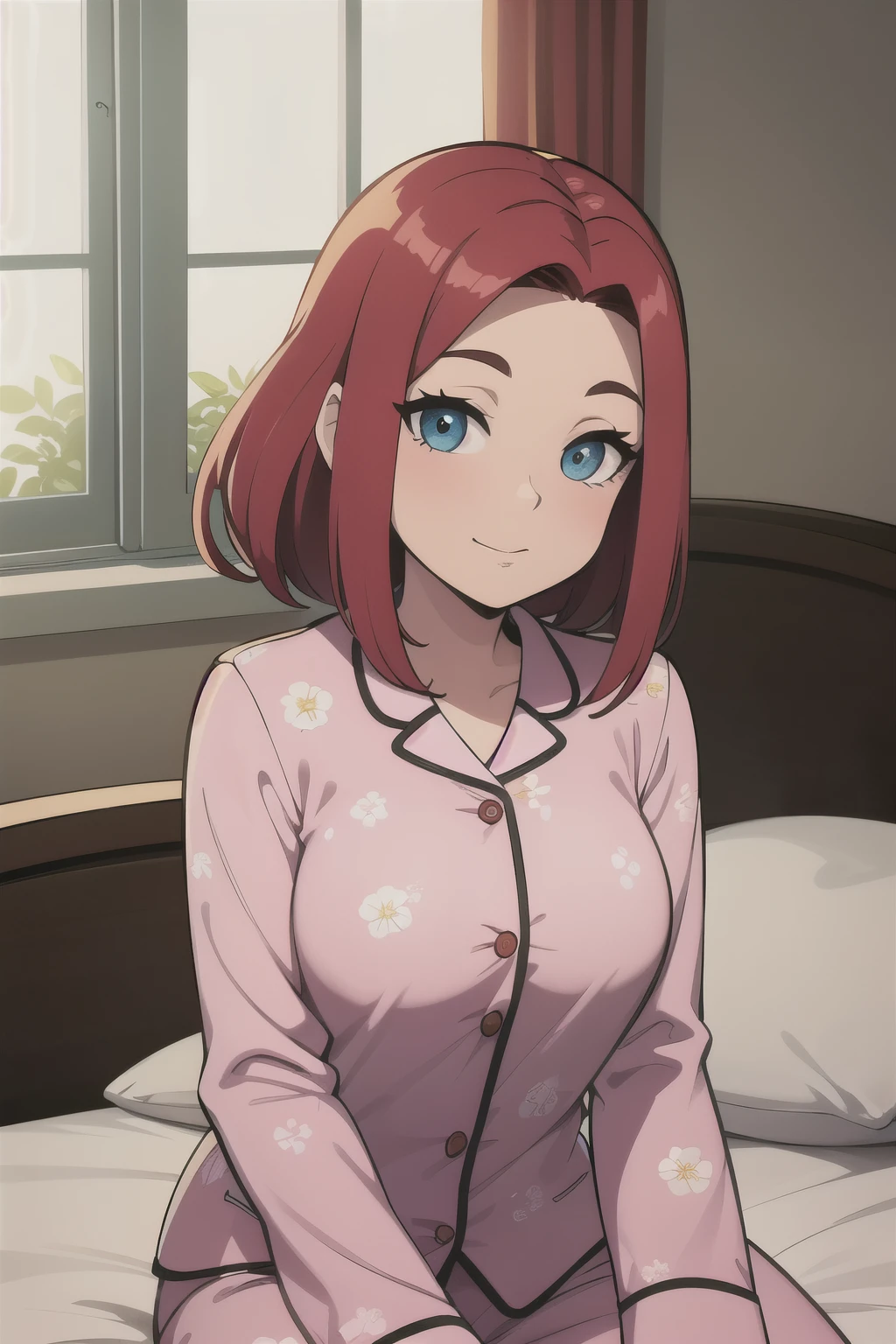 There is a woman sitting on a bed wearing pink floral pajamas, menina ruiva, beautiful mulher ruiva, mulher ruiva, young menina ruiva, cabelos curtos e vermelhos brilhantes, red hair and attractive features, Anna Nikonova aka Newmilky, menina ruiva, redhead, Beautiful woman, posando na cama, red head, com cabelos curtos e ruivos, posando em um quarto