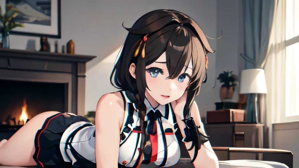 Shigure Kai 3 KanColle Sleeveless Black Thimble Gloves Black Skirt Braid 8K High Resolution Very Fine Eyes Very Fine Face、Insanely detailed body、Extremely fine skin, very elaborate hair ornament, Precisely shaped body and hands 1 person Living room in a private house Bewitching expression Thick white belt