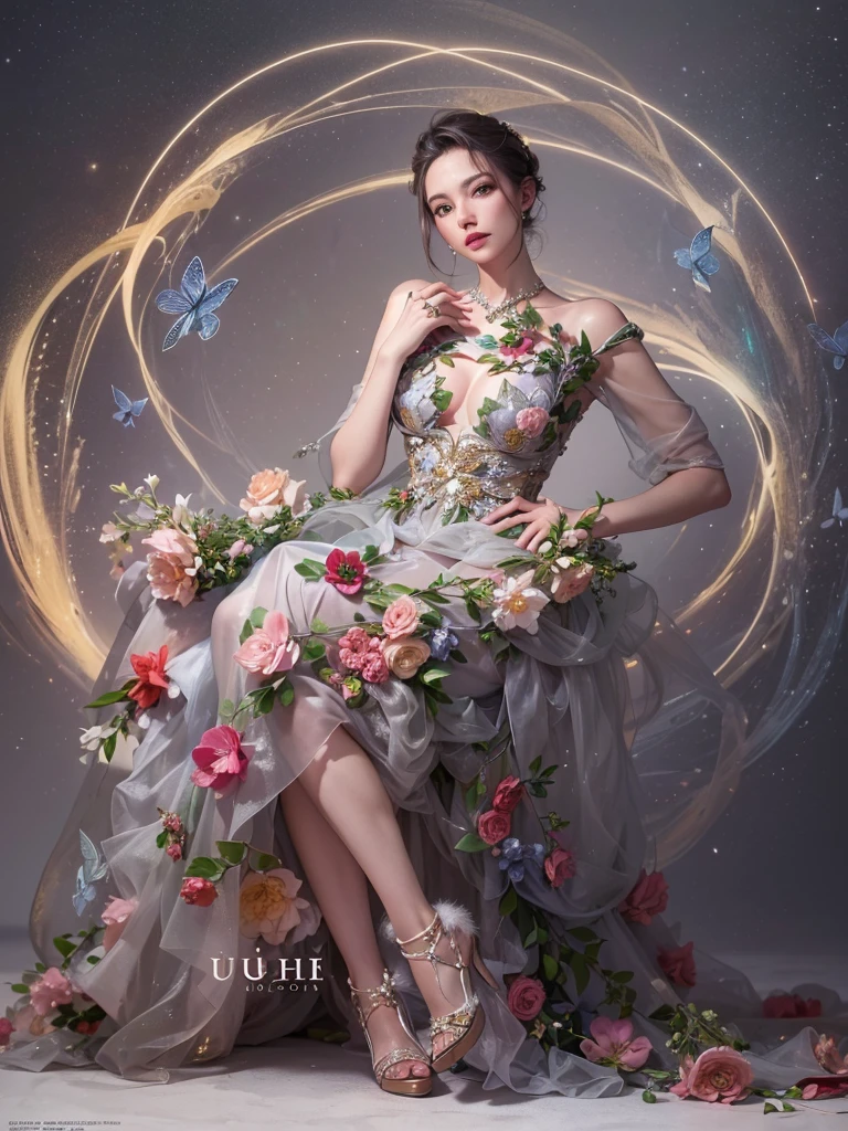 (best quality color photo of a mysterious beautiful woman in cocktail dress on a  fashion magazine cover, haute couture fashion shoot:1.3),(An extremely delicate and beautiful work:1.2), (Christmas illumination, soft front light, professional lighting :1.3),(Dressed in a breathtaking and sophisticated floral dress, elegant and sophisticated fashion, floral couture, clothes made of flower :1.1), (butterfly of light,Decorations to liven up the holiday season), elegant pose, glamorous fashion pose, the divine light, with neon lights, starrysky background, simple background, (she is the embodiment of beauty and allure:1.1), detailed face, looking at viewer, detailed eyes, black eyes, lustrous lips, subtle smile, forehead ,(large breast, cleavage:1.1), Gentle and enigmatic expression, High color saturation, surrealism ,(best quality, masterpiece, ultra detailed, ultra high res, photorealistic, raw photo, absurdres, absolutely resolution:1.4)
