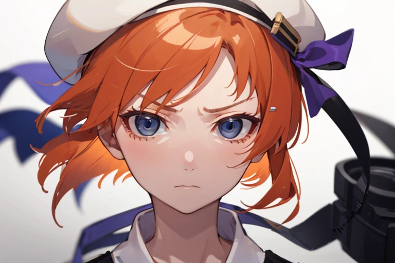1girl in，White beret，Orange hair，short head hair，White clothes，Blue eyes，Face Up，Purple ribbon，serious facial expression