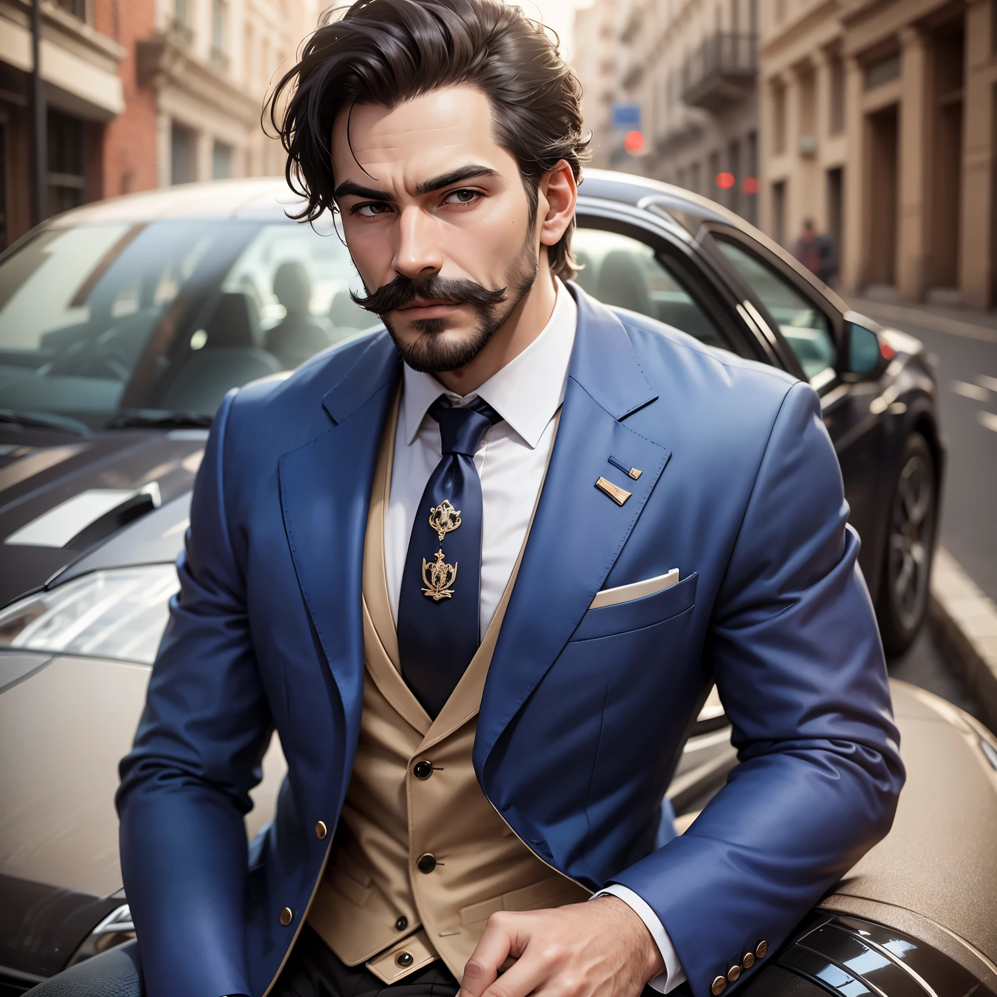 A man in a blue suit with a black beard and mustache next to a luxury car real face --auto --s2