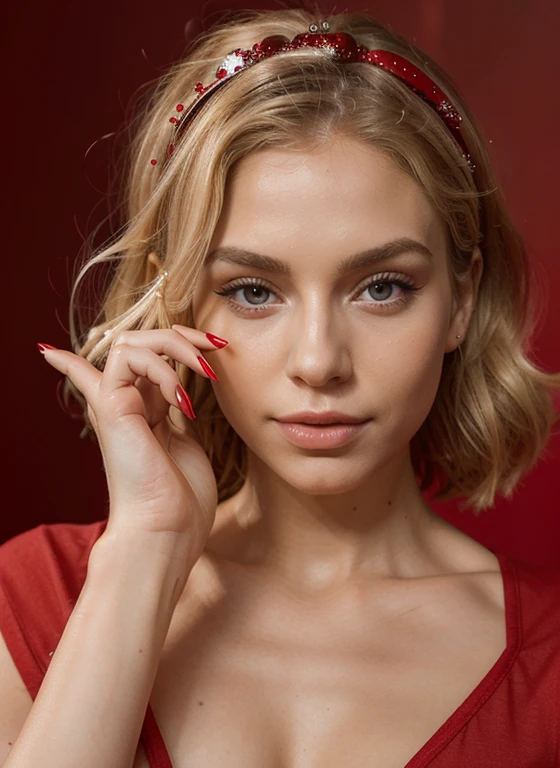 , showing new nailes, New manicure, red nails, Christmas nails, neutral background, hand, no face, blond influencer, fitness influencer