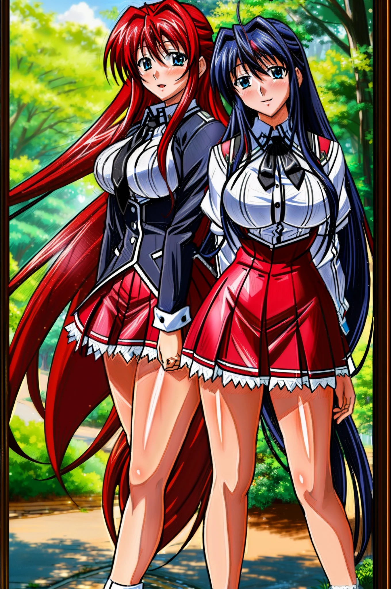 (best quality, ultra detailed, masterpiece), (group of 2 girls), rias gremory dxd and himejima akeno dxd, school uniform, seductive pose, detailed background, forest background, full body shot, detailed beutifull faces