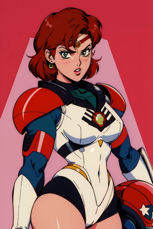 1990s_\(style\), sailor moon anime style, retro anime, masterpiece, best quality, 1girl, cowboy shot, Jane Shepard, FemShep, short hair, red hair, green eyes, black power armor, N7,