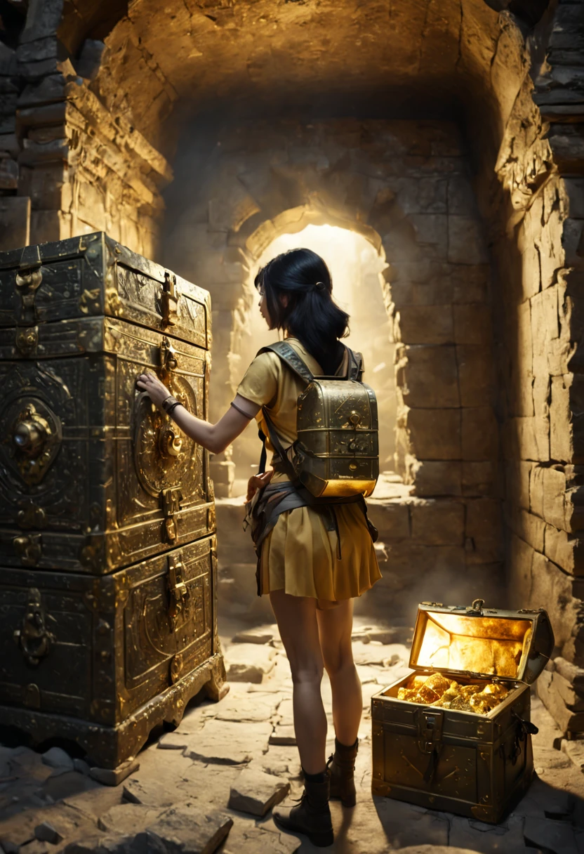 a 26yo female adventurer, black hair, backpack, BREAK, staring at a large golden_box on the stone, Lifting (a half-opening ancient treasure chest:1.2), The box overflowing bright and golden light from the inside out, shot from back, at dark Ancient Underground Palace, backview, cinematic