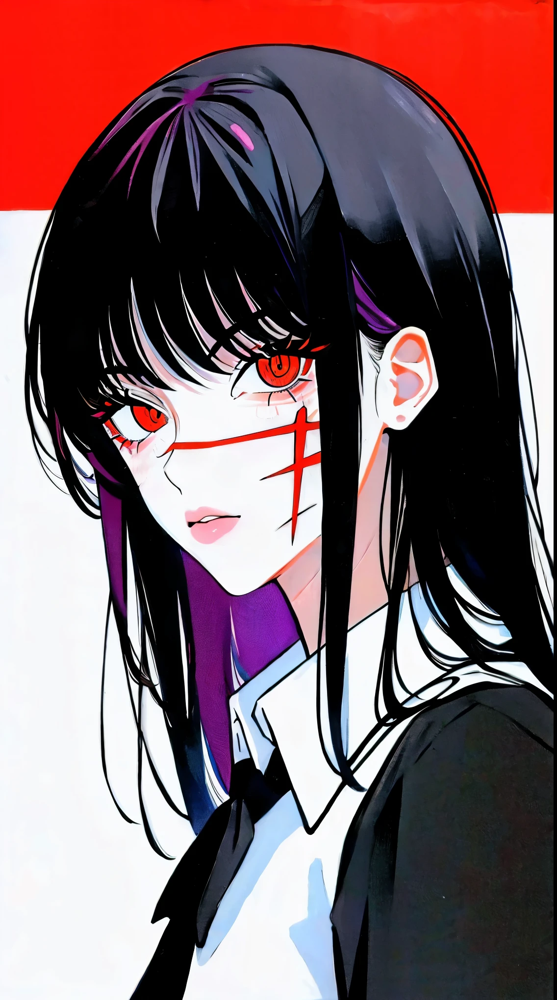 Yoru, vestida de colegial, camisa, Cinta para el cuello, mangas largas, Tema oscuro, (Mirando al espectador, retrato:1.5), black and rojo, rojo details, Runas brillantes_rojo,