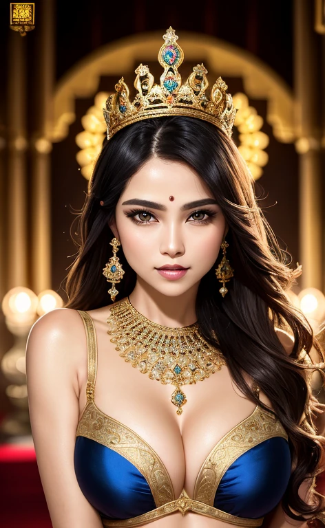 Close-up RAW portrait shots, photograph, Androgynous humans, oval jaw, Delicate features, Beautiful face, Dark hair, (Big bang:0.7), Long bangs, shairband, Long ponytail, bright blue-green eyes, (Royal Blue Silk Sally:1.4), 25 year old stunning beautiful woman, (Golden luxury diadem with intricate details, Pedras preciosas:1.3), Intricate details, Skin Texture, Natural skin pores, Dark dramatic studio lighting, cinematic shot,asa, Dark olive skin, symmetry face, Lewd to watch viewers, Parted lips, Full lips, smokey eyes, Bread pillow, Elaborate hairstyles, Dark lips, Stand inside a Hindu temple、Intricate decorations look larger ,white tit ,No bra,Without bra