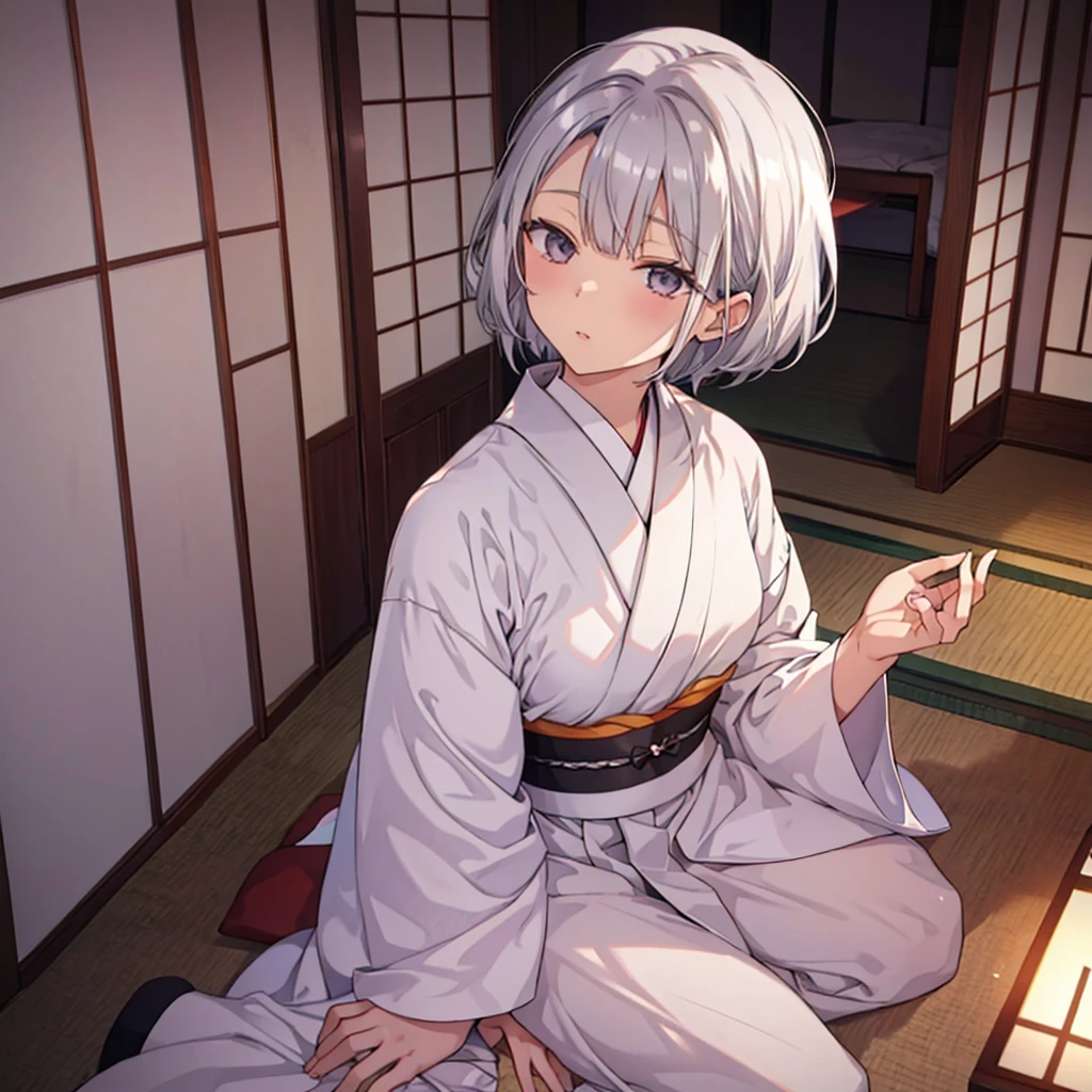 Silver-haired monk&#39;s robe looking up