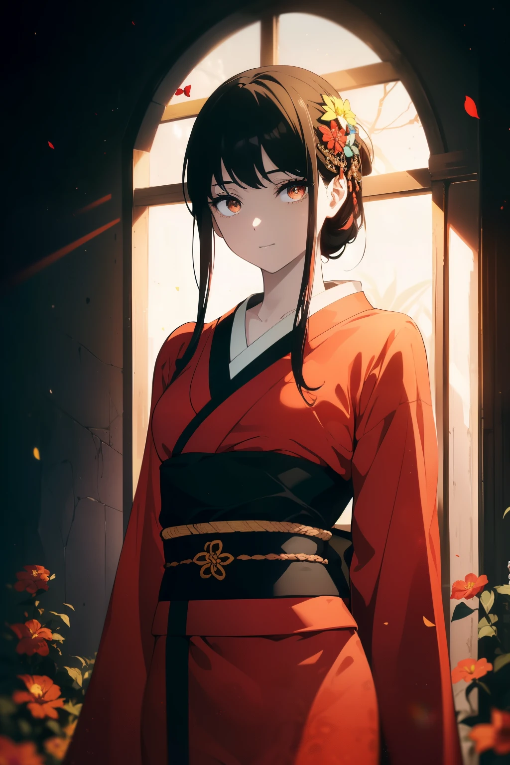((((Obra maestra, La mejor calidad, ultrahigh resolution)))), 1girl, standing, ((wearing a red_kimono)), (long black hair in view, in frame), pale skin, ((brown eyes)), (glowing_eyes, luminescent eyes), (ultra detailed eyes:0.7, beautiful and detailed face, detailed eyes:0.9), ((centered)), smile, ((wide shot)), facing viewer, (((vibrant background of outside, flowers, bright lighting, summer, sunlight))), flat chested, looking at viewer, ((perfect hands)), ((head:1, hips, elbows, arms, in view)), ((hands behind back)), beautiful lighting, defined subject, (18 years old), ((cool looking)), ((sun glare))