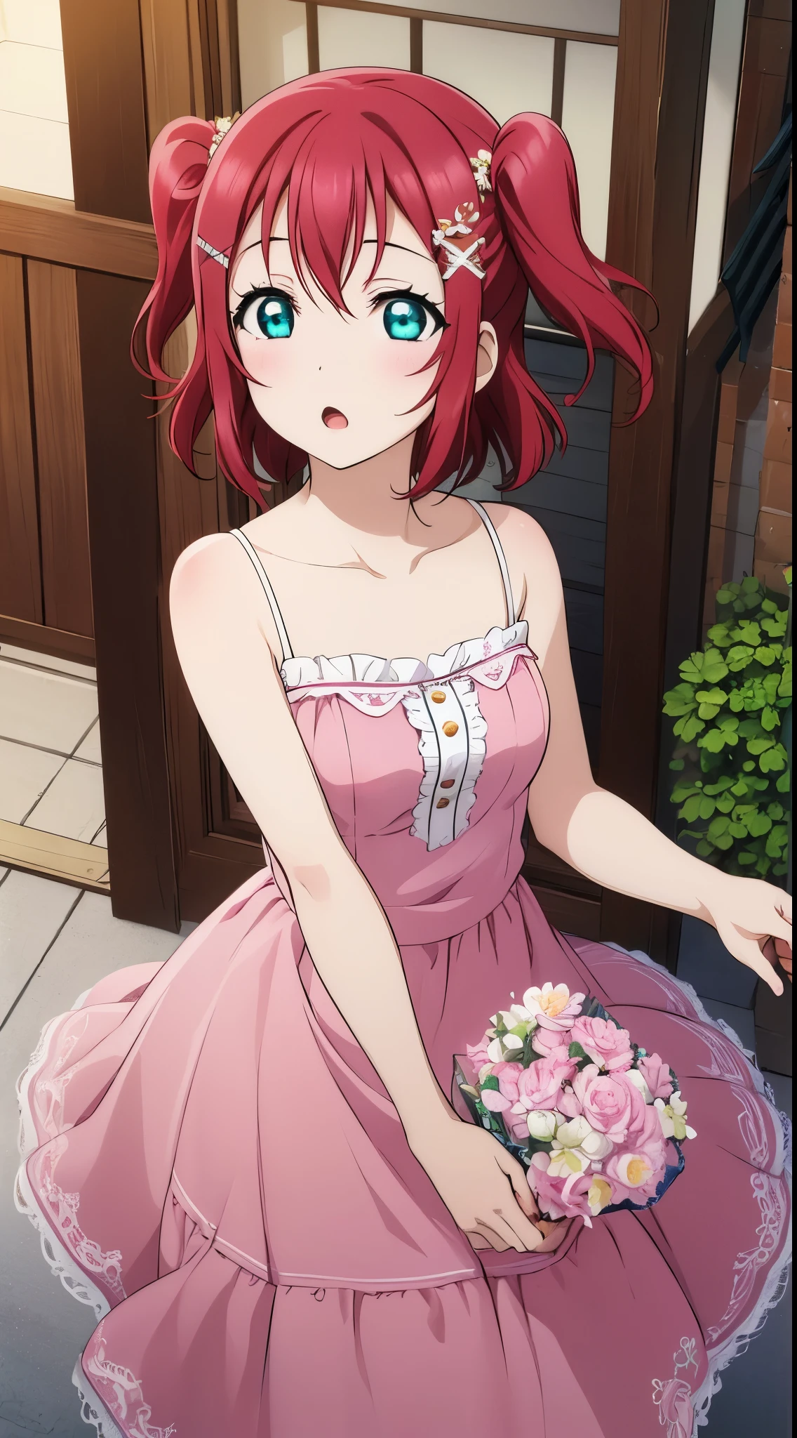 (masterpiece, best quality, ultra-detailed), (illustration), (beautiful detailed eyes), (1girl), (solo), kurosawa ruby, red hair, two side up, flat chest, hair ornament, dress, ribbon, collarbone, hair ribbon, flower, white dress, :o, aqua eyes, sleeveless dress, hydrangea,