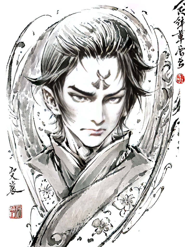 Japanese cartoon, woman with bird on head, In a black and white photo, Portraits inspired by Wu Zuoren, Douban, New line added, Handsome guy in the art of slaying demons, Handsome Japanese demon boy, full-body wuxia, ink wash style, heise jinyao, Beautiful hermaphroditic prince, bian lian