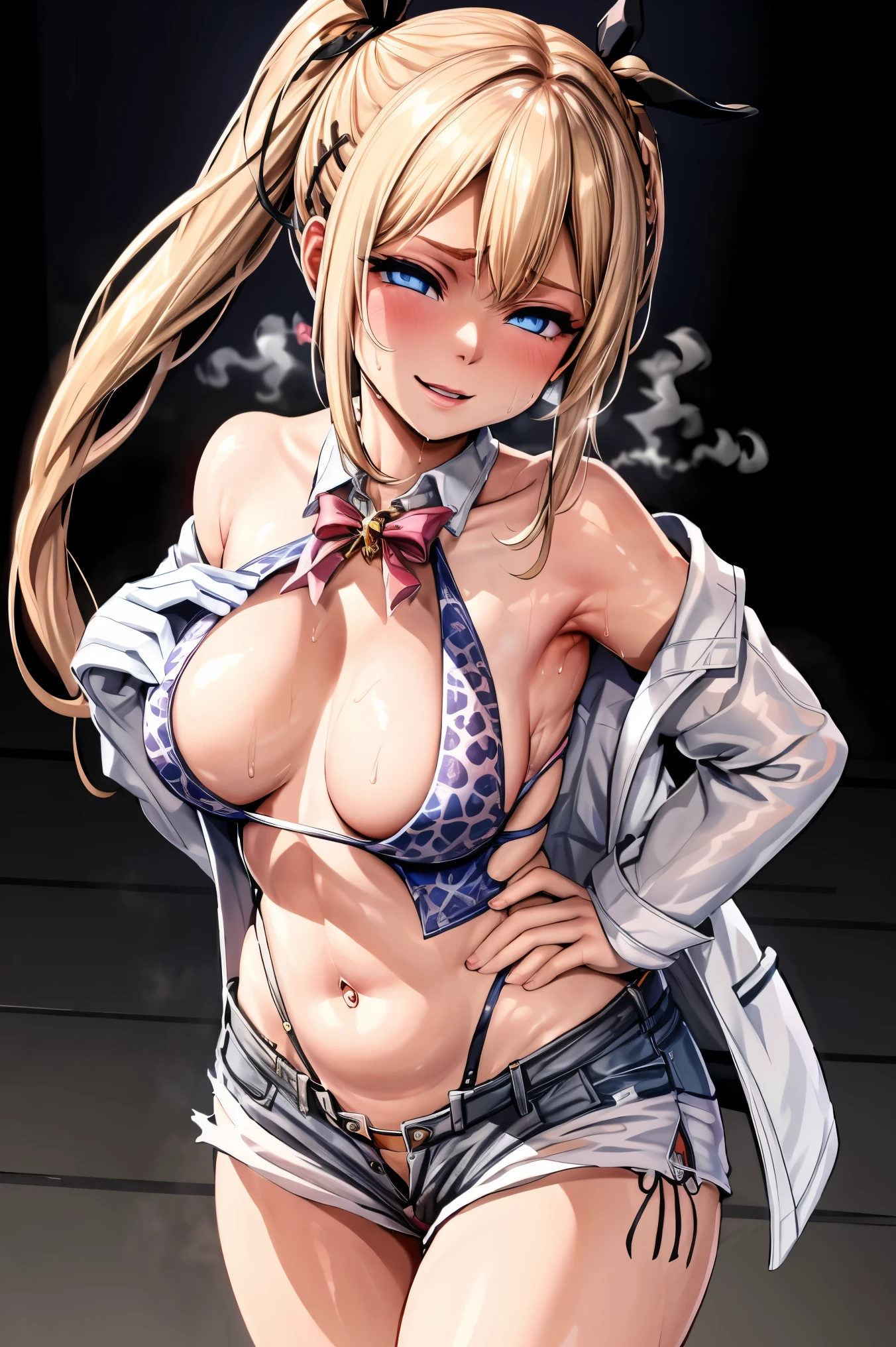 (masterpiece, high quality, highres:1),1girl,solo,breasts,simple background,false smile,standing,sweat,fog,sweater, marie rose, flustered,panicking,rushing,long hair,forced smile,half-closed eyes,plump,arms behind back,dark,shaded face,despair ,(blue eyes ,blonde hair), from above, White luxury jacket, short shorts, open breasts, blue lipstick, bodycon, fat lips, whore outfit, curvy body, cheetah print,