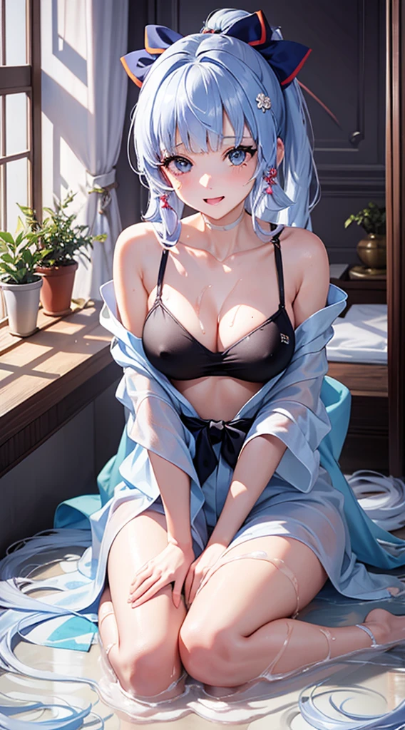 Character Details:, - Gender: 1 Girl. - Style: Anime, - Body Type: Attractive body, slim body, nice legs, slim tights, nice arms, nice shoulders. - Breast: (Small Breast:1.2), (Cleavage:1.1), (Nice Nipple:1.1), (White Goo:1.4), (White Liquid:1.4), (Sticky Liquid on Breast:1.2),. -  Feature: Beautiful, Gorgeous, TeenagFresh, Young. - Expression: Shy, Pink Blush on Face, Pink Tongue, Sexy Eyes,y Look, (Swng:1.4), Innocent Look, Tipsy. - Hairstyle: Blunt Bangs, Long Hair. - Hair Color: (Light Blue Hair:1.5), (Messy long Hair:1.3), - Clothing: (Yukata:1.4), (Off-Shoulder:1.3),. - Body Pose: (bend over:1.4), (Hands on Knee:1.4),. - Behaviour: Waiting, Want Something, Secretly. - Accessories: Earrings, No Hair Accessories, Environmental Details:, - Setting: Bed Room., - Lighting: Natural Light., - Decoration: Modern Bed, Chair, Window, White Curtain, City View. Top view. pov, anime style, UHD, retina, masterpiece, accurate, anatomically correct, textured skin.