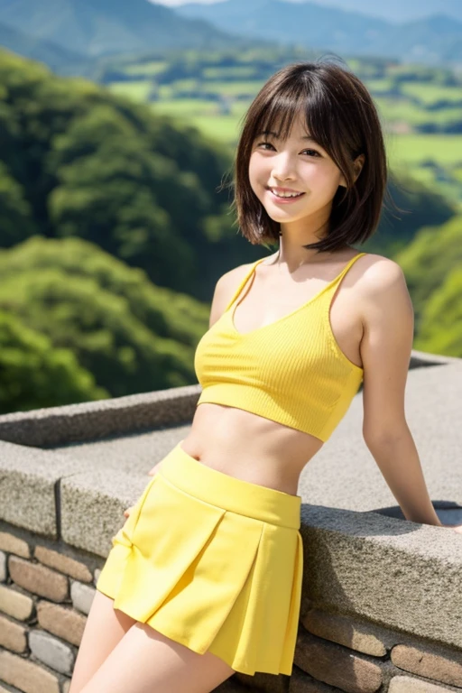 Japan Beauty,High r,Full-body front photo,Small boobs and yellow T-shirt showing belly button,Red mini skirt,Clean thighs,a little bit smile,lean body,big breasts thin waist,Constricted hips,Larger hips,Beautiful tight thighs,White sandals,Bob cut hair,a little brown hair,elongated facial contour,a little bit smile,Sharp cheeks,Round chin,neat nose,Looking at the camera,skinny cheeks,Round chin,Slender eyes,Beautiful eyes,Dark brown eyes,mountain ridge in the background,Nobeyama plateau in the background