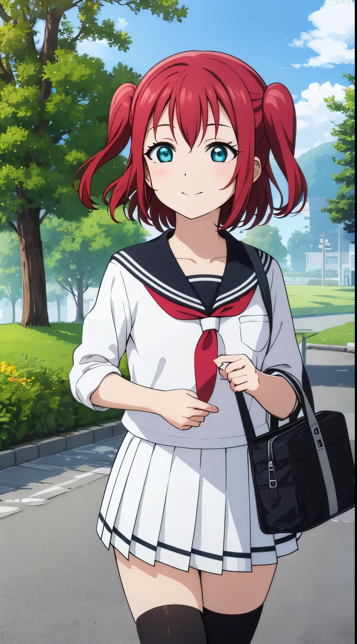 (masterpiece, best quality), illustration, detailed eyes, 1girl, solo, kurosawa ruby, flat chest, red hair, two side up, green eyes, smile, 
school uniform, white shirt, pleated skirt, serafuku, grey skirt, red neckerchief, tie clip, uranohoshi school uniform, grey sailor collar, bag, 
outdoors,