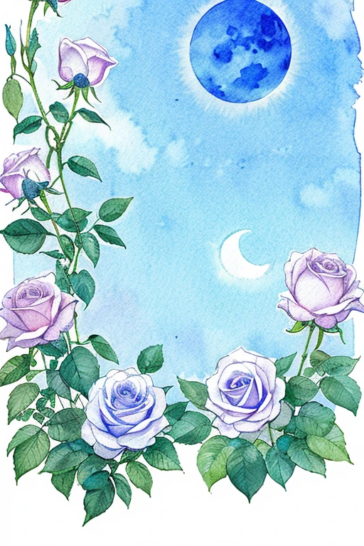 Fantastic gardens translucent light color The midday moon hangs in the blue sky variety of roses English tea set on a small white table high-level image quality Transparent watercolor style Petals fluttering in the wind illustratio