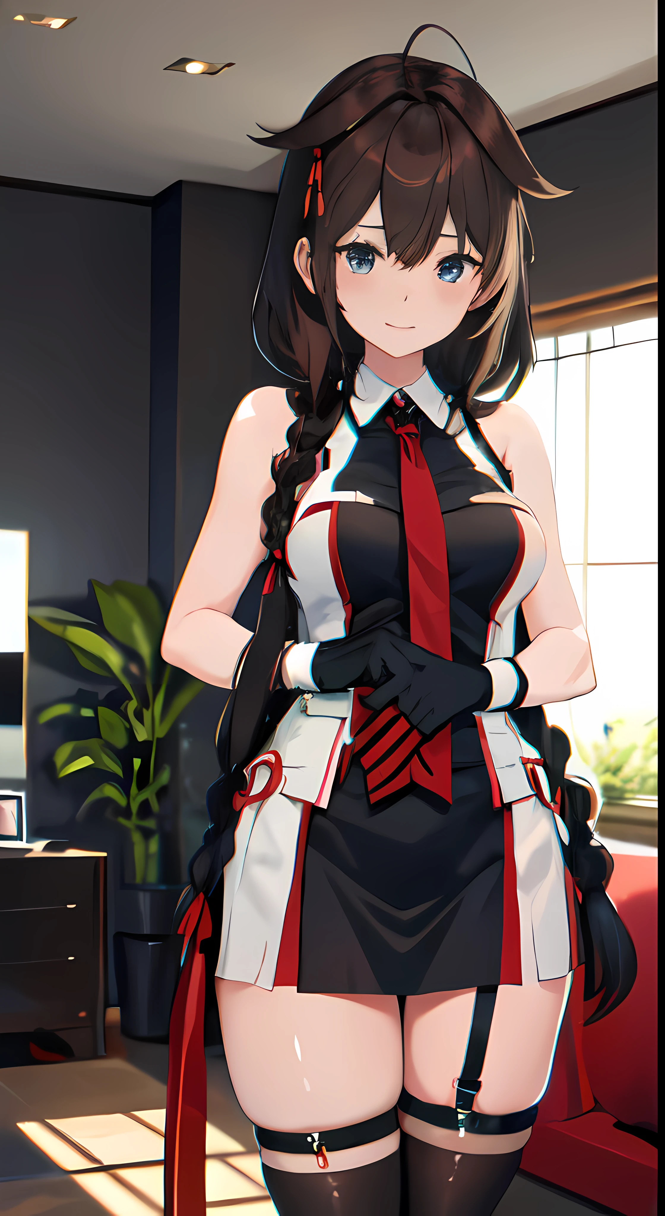 Shigure Kai 3 KanColle Sleeveless Black Thimble Gloves Black Skirt Braid 8K High Resolution Very Fine Eyes Very Fine Face、Insanely detailed body、Extremely fine skin, very elaborate hair ornament, Precisely sculpted body and hands for 1 person Living room of a private house A bewitching expression