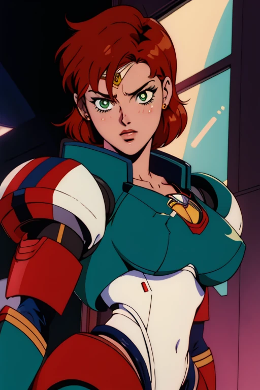 1990s_\(style\), sailor moon anime style, retro anime, masterpiece, best quality, 1girl, cowboy shot, Jane Shepard, FemShep, short hair, red hair, green eyes, black power armor, N7,