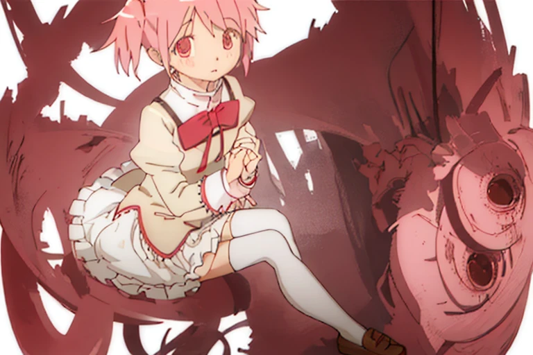 1girl in,Detailed details,madoka,Pink eyes,Pink hair,White background，brown shoes，Check skirt