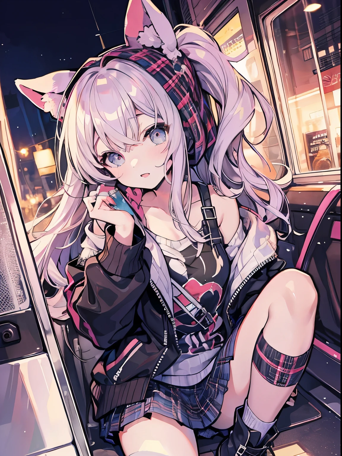 best qualtiy, 超A high resolution, 1girll, kawaii faces, off-shoulder knit, jaket, Plaid mini skirt, Cute boots, rcasual,