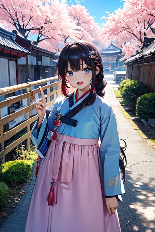 masterpiece, best quality, highres, bbhana, long hair, blacj hair, single braid, hair ornament, whisker markings, ((korean clothes)), ((hanbok)), long sleeves, striped sleeves, sky blue jacket, pink skirt, cherry blossoms, outdoors, standing, smile, open mouth, peace sign, blue eyes, large breast, sexy,