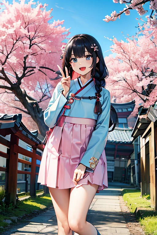 masterpiece, best quality, highres, bbhana, long hair, blacj hair, single braid, hair ornament, whisker markings, ((korean clothes)), ((hanbok)), long sleeves, striped sleeves, sky blue jacket, pink skirt, cherry blossoms, outdoors, standing, smile, open mouth, peace sign, blue eyes, large breast, sexy,