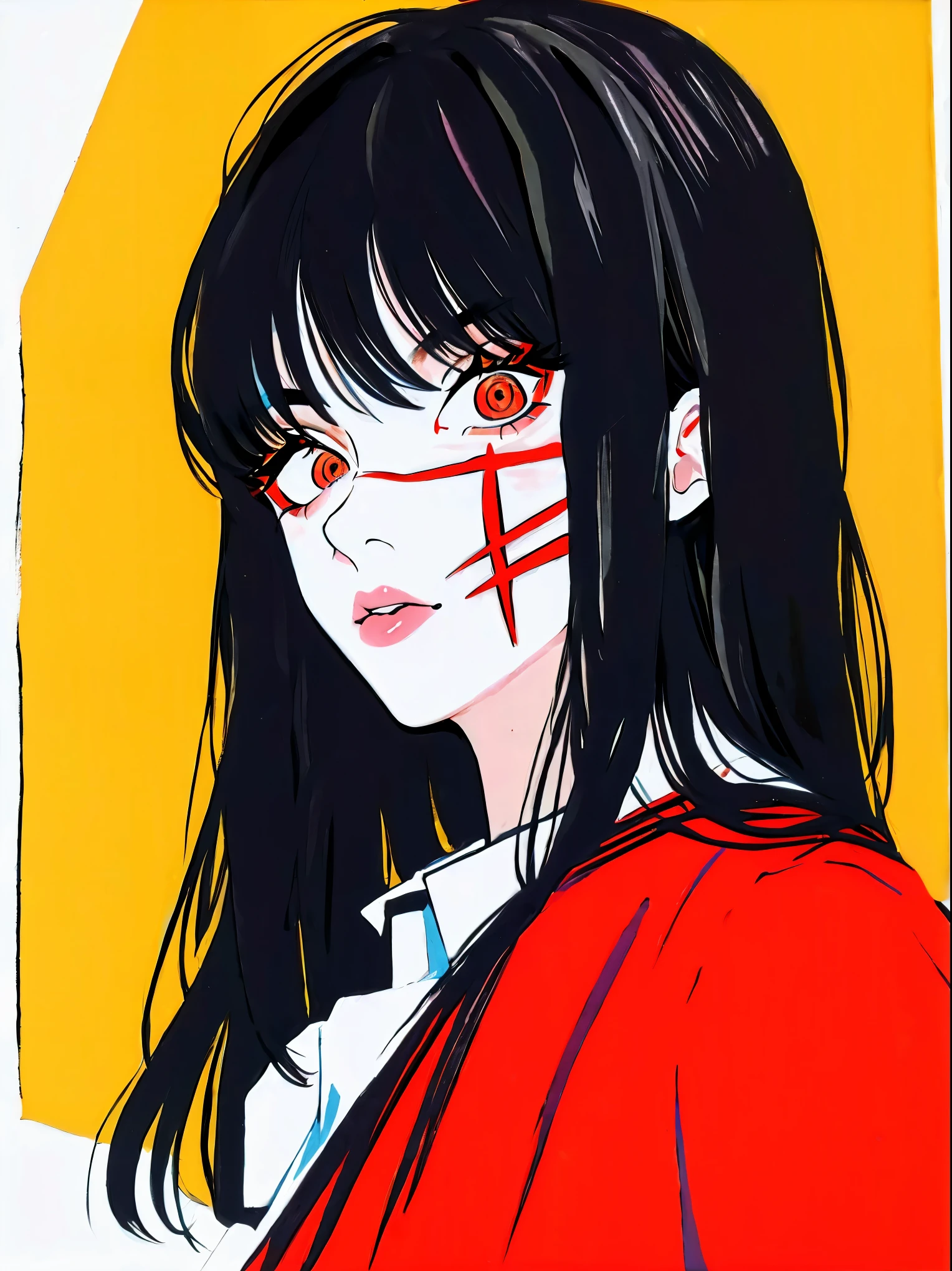 Yoru, vestida de colegial, camisa, Cinta para el cuello, mangas largas, Tema oscuro, (Mirando al espectador, retrato:1.5), black and rojo, rojo details, Runas brillantes_rojo,