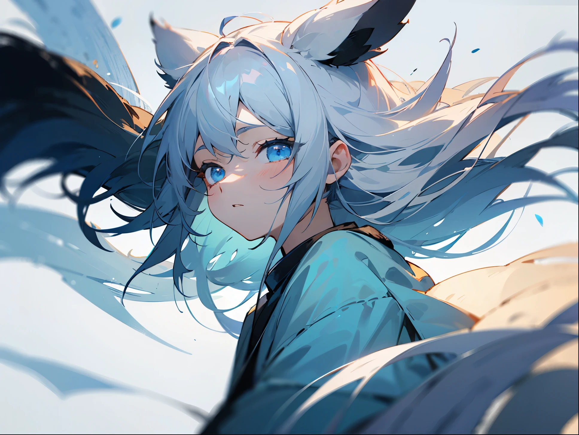facing forward and relaxing、sleepy、had a dark look、He had gray hair and furry ears.、girl with blue eyes。The wind is blowing。The back is black。