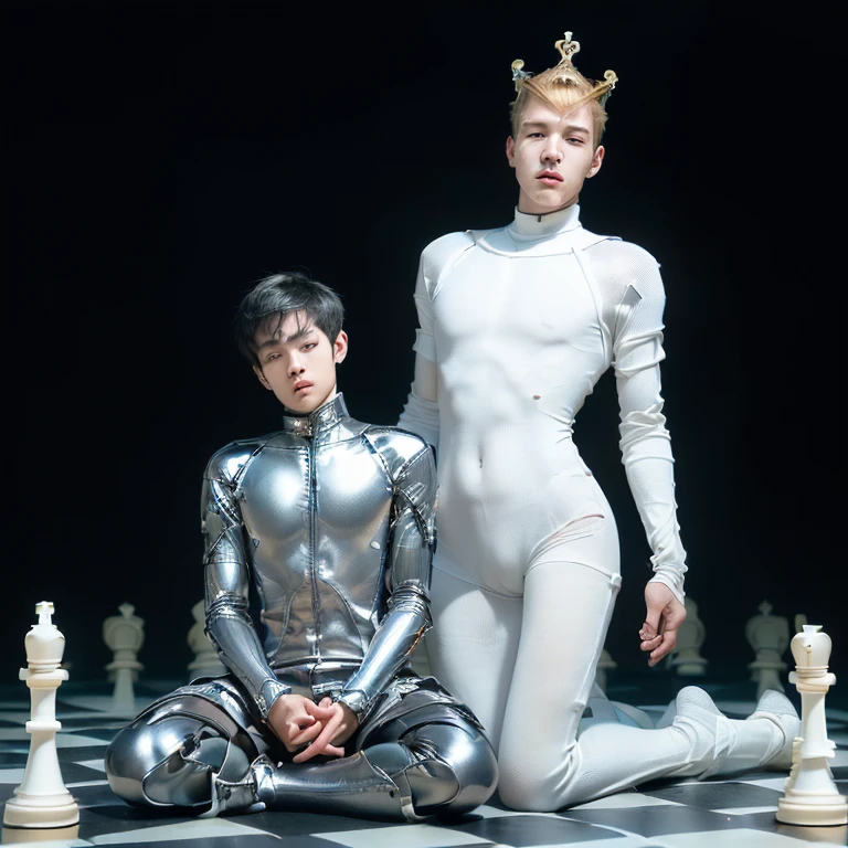 (2boys, empty background, chessboard floor, human chess, boys dressed in skintight chess piece bodysuits, black pawn kills white king:1.5)