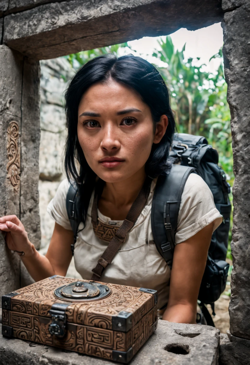 a 26yo female adventurer, black hair, backpack, BREAK, A small mirror in the box of Mayan civilization, In the mirror is the adventurer face, cinematic