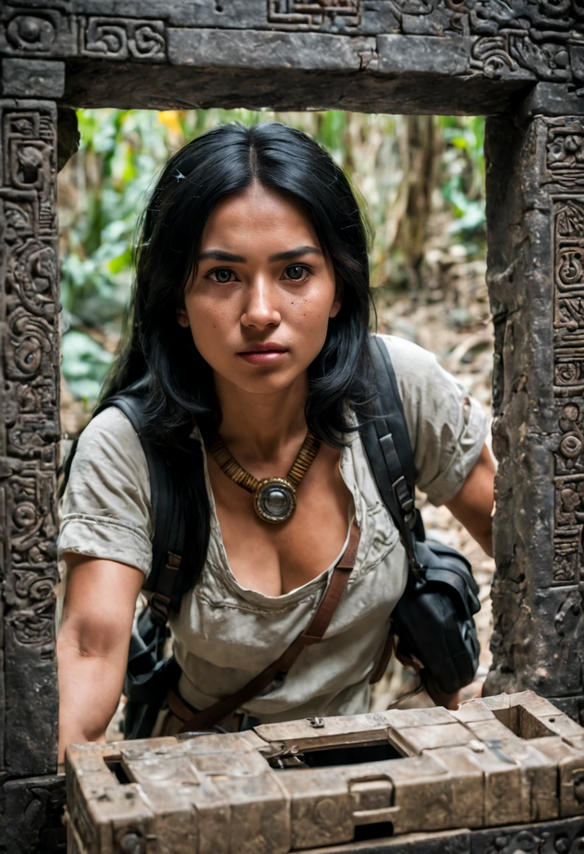 a 26yo female adventurer, black hair, backpack, BREAK, A small mirror in the box of Mayan civilization, In the mirror is the adventurer face, cinematic