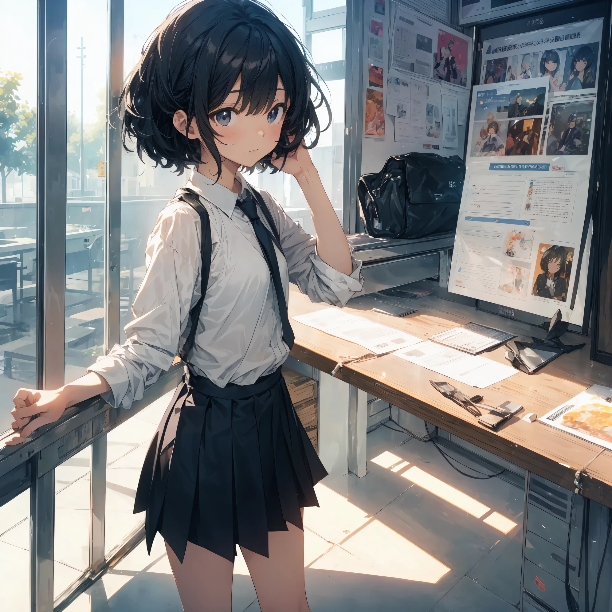 Super high quality by the art god, Ultra-detailed, High resolution, ilya kuvshinov style, anime moe art style, best anime 8K konachan wallpaper, Pixiv Contest Winner, Perfect Anatomy, BREAK,(Please draw a sleepy girl going to school alone.. ),BREAK,1girl in, (Solo,Lori,child,13years:1.3),Full limbs, complete fingers,a junior high school student, Androgynous attraction, (Very short hair), hair messy, flat chest, Small butt, groin, Small eyes,Beautiful detailed black eyes, Well-proportioned iris and pupils, disgusted eye, High resolution detailed hair, School uniform, Skirt, On the way to school. BREAK,Ultra-detailed細なスキン, Best lighting by famous artists, 8K, Illustration,