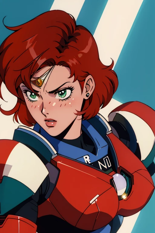 1990s_\(style\), sailor moon anime style, retro anime, masterpiece, best quality, 1girl, cowboy shot, Jane Shepard, FemShep, short hair, red hair, green eyes, black power armor, N7,