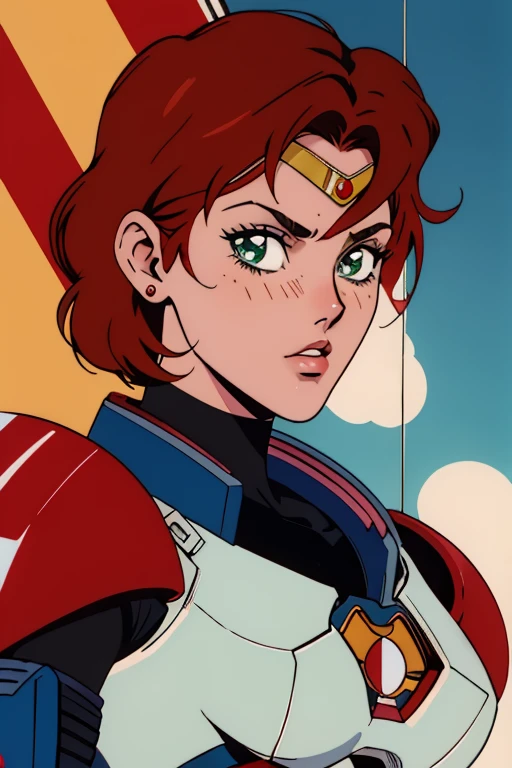 1990s_\(style\), sailor moon anime style, retro anime, masterpiece, best quality, 1girl, cowboy shot, Jane Shepard, FemShep, short hair, red hair, green eyes, black power armor, N7,