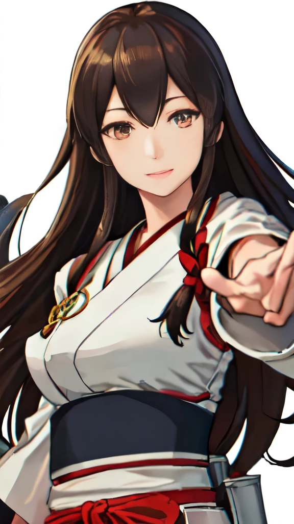 Best Quality, masutepiece, hight resolution, Solo, {akagi_Kantai Collection:1.15}, long_hair, brown_hair, brown_Eyes, muneate, tasuki, Smile, 1girl in , Japanese_Clothes, , partially_fingerless_gloves, arma, distortion, Single_hand armor, outstretched_Highly detailed arms、extremely detailed eye、extra detailed face、Insanely detailed body、Insanely detailed skin bewitching expression