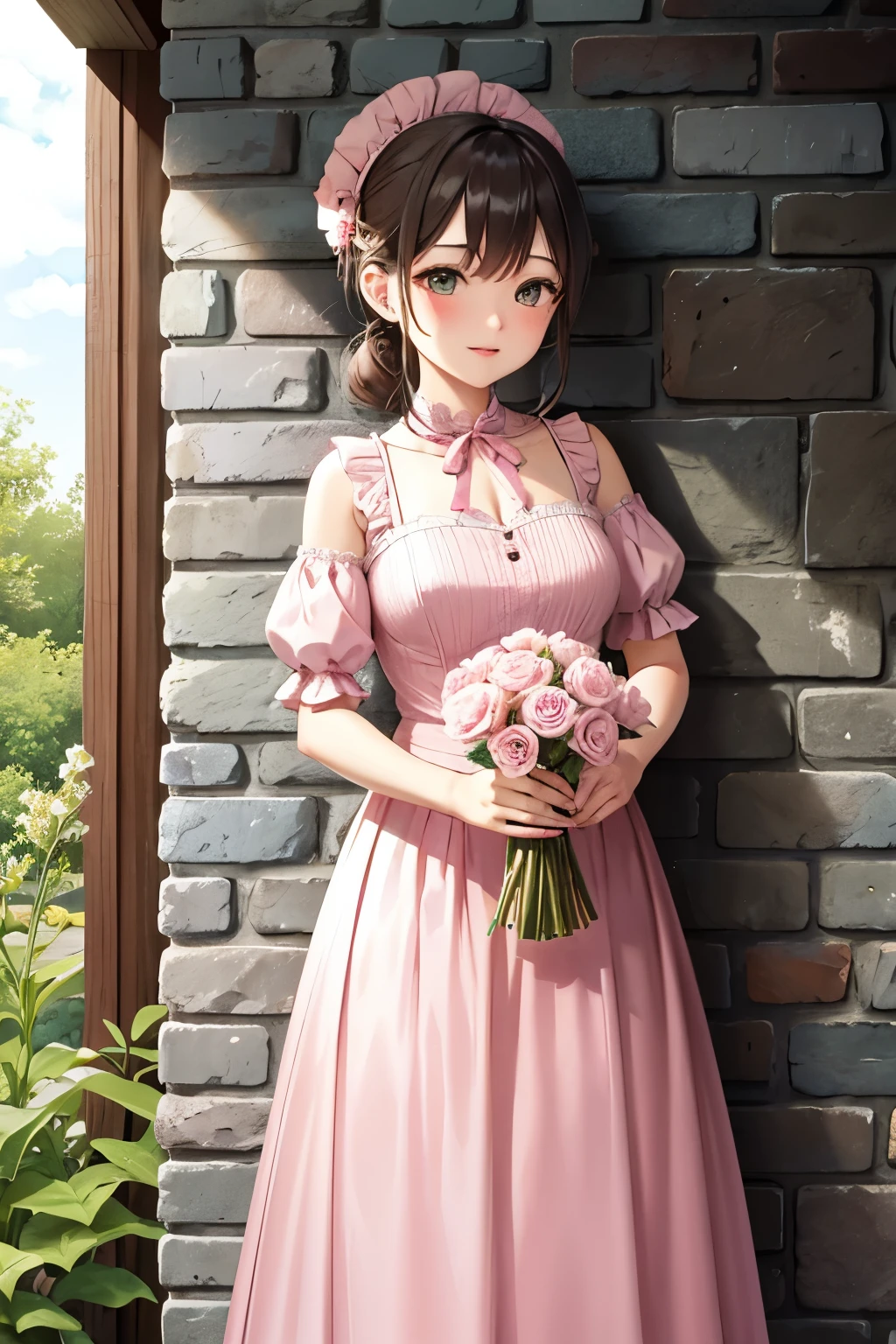 A girl dressed in a pink gown is holding a bouquet of roses, her hair tied with a pink ribbon. Behind her stands a wall made of stacked slate.