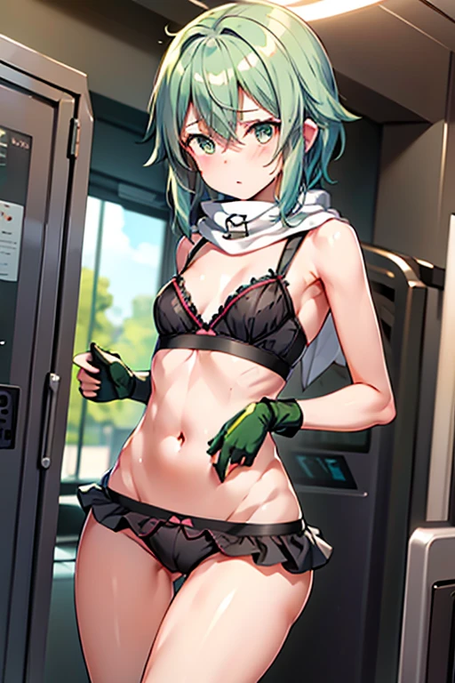 Green hair、Big Brett、gloves、shorts、指なしgloves、scarf、an lingerie、Anti-material rifles、top-quality、official style,（Asada Shino-SAO-GGO-）,masterpiece, best quality, {{{ultra detailed}}}, game cg, super fine illustration, , train station, 1girl_and_1man, {{kawaii}}, sunrise, collarbone, clavicle, {{Silk fabric brassiere}}, bra turned up, white {{{buttoned}}} shirt school uniform, flasher, beautiful breasts, {{embarassed}}, 👨‍💼&👨‍💼  , dynamic angle, brown hair, [long hair], {selfie}, run away, slim head, [wavy hair], [[[open breast]]], slim hair, tsurime, pantie cotton pink diaper skirt lift, {{{disshaveled ripped torn skirt}}}, {separated of skirt}, handsome short hair, [[[messy hair]]], short hair, light-brown hair, {{{be grabbed breasts and hand on breast only}}}, swelled head, ride on train, {{{{{sweaty}}}}}, resist male violall red hairband, disordered shirt, breast massaged by boy, hip massaged by man, bra turned up, be pulled body,