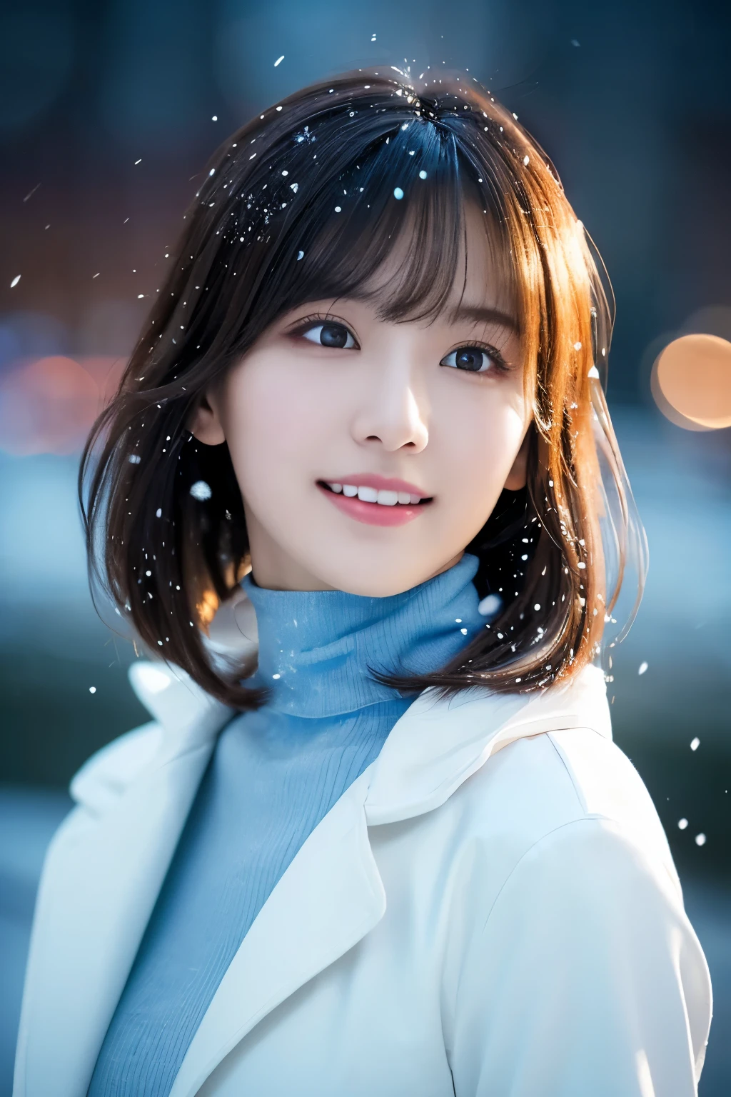 1girl in, (White coat, light blue turtleneck:1.2),
(Raw photo, Best Quality), (Realistic, Photorealsitic:1.4), masutepiece,
Extremely delicate and beautiful, Extremely detailed, 2k wallpaper, amazing, finely detail, the Extremely Detailed CG Unity 8K Wallpapers, Ultra-detailed, hight resolution,
Soft light, Beautiful detailed girl, extremely detailed eye and face, beautiful detailed nose, Beautiful detailed eyes, Cinematic lighting,
(plein air:1.3), illuminated fountain at night, light reflections, It's snowing,
Perfect Anatomy, Slender body, Small,
Straight short hair, Bangs, Looking at Viewer, A slight smil