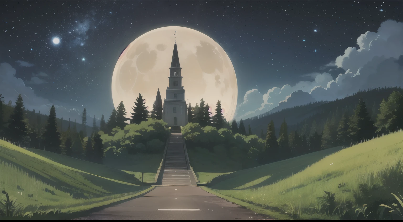 Uma paisagem de floresta, uma garota, noite, starly sky