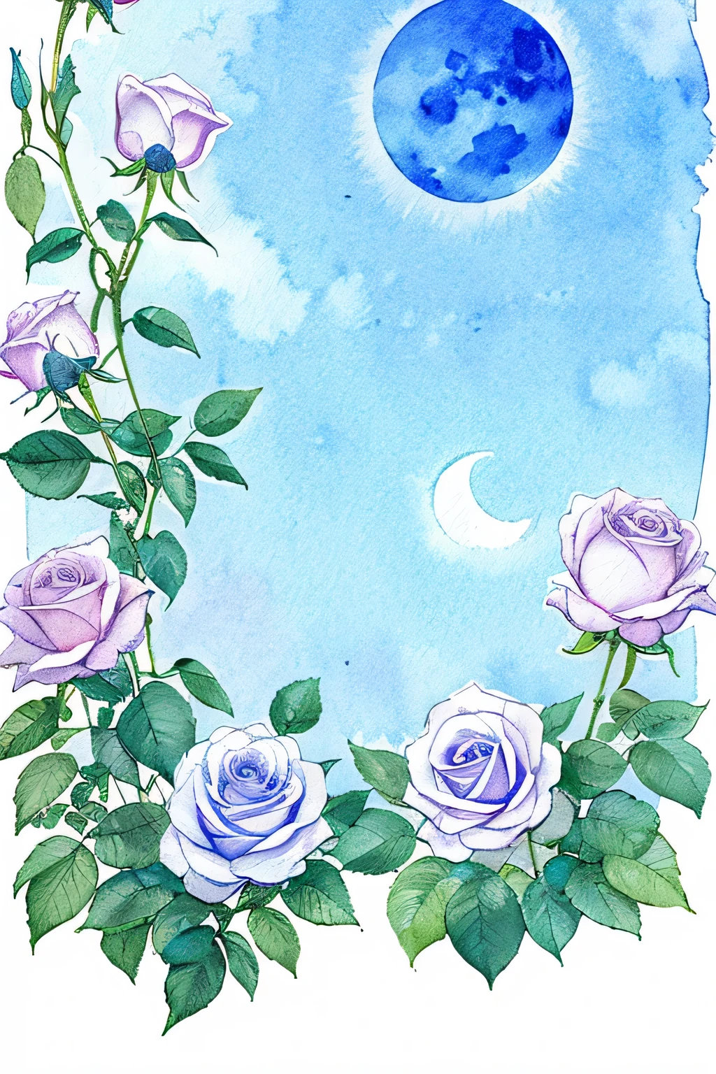 Fantastic gardens translucent bright color The midday moon hangs in the blue sky various roses British tea set on a small white table high-level image quality Transparent watercolor style Petals fluttering in the wind illustratio